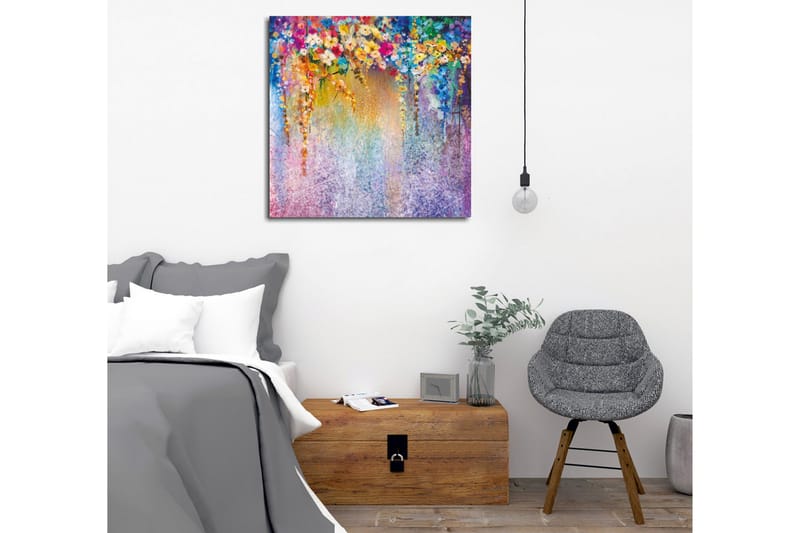 Lerretsbilde - Fargerik blomsterkomposisjon med hengende blomster - Lilla / Grønn / Rosa - Interiør - Maleri & posters - Lerretsbilder