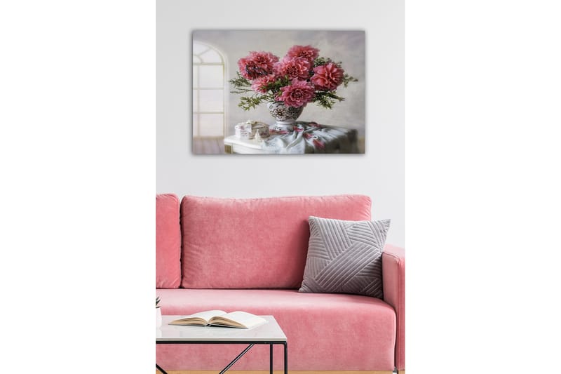 Lerretsbilde - Fargerik bukett med georginer i en vakker vase - Rosa / Grønn / Hvit - Interiør - Maleri & posters - Lerretsbilder