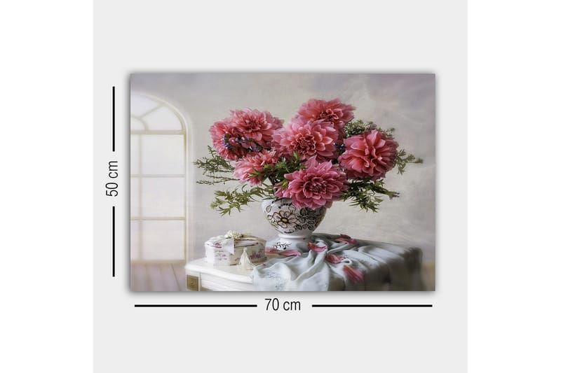 Lerretsbilde - Fargerik bukett med georginer i en vakker vase - Rosa / Grønn / Hvit - Interiør - Maleri & posters - Lerretsbilder