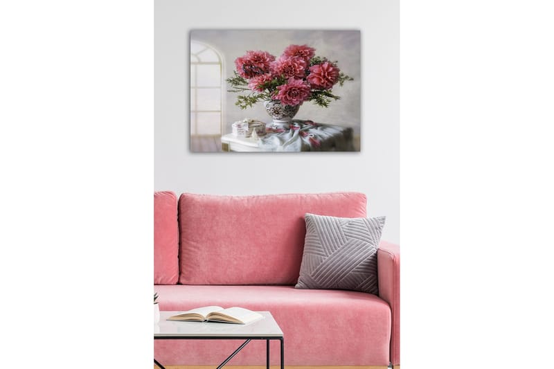 Lerretsbilde - Fargerik bukett med georginer i en vakker vase - Rosa / Grønn / Hvit - Interiør - Maleri & posters - Lerretsbilder