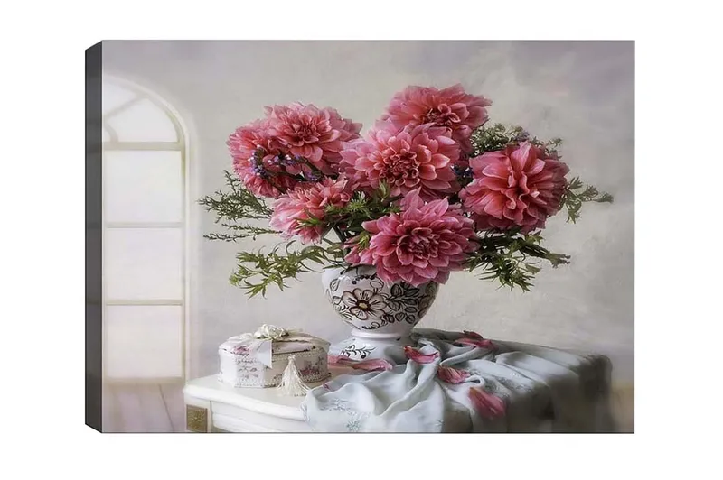 Lerretsbilde - Fargerik bukett med georginer i en vakker vase, Rosa / Grønn / Hvit