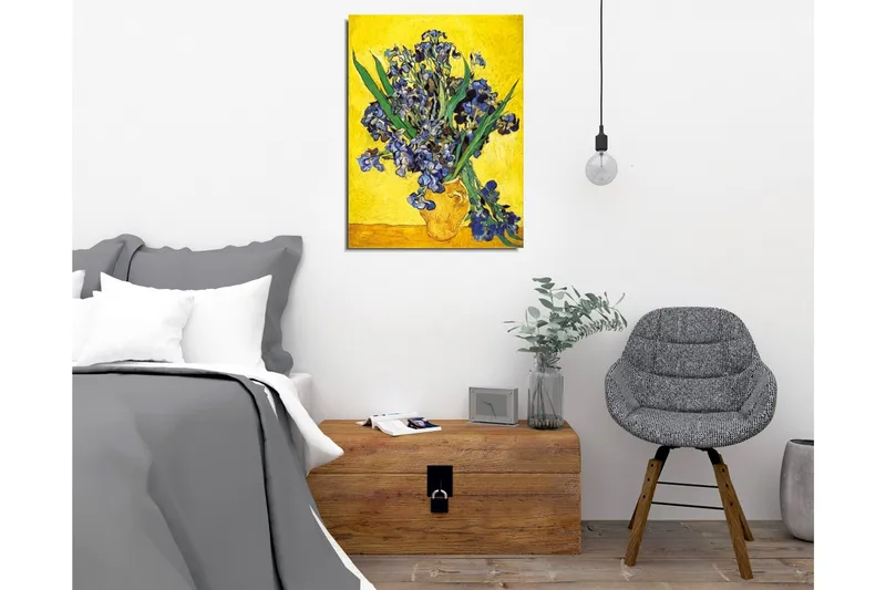 Lerretsbilde - Fargerik bukett med irisblomster i en potte - Blå / Grønn / Gul - Interiør - Maleri & posters - Lerretsbilder