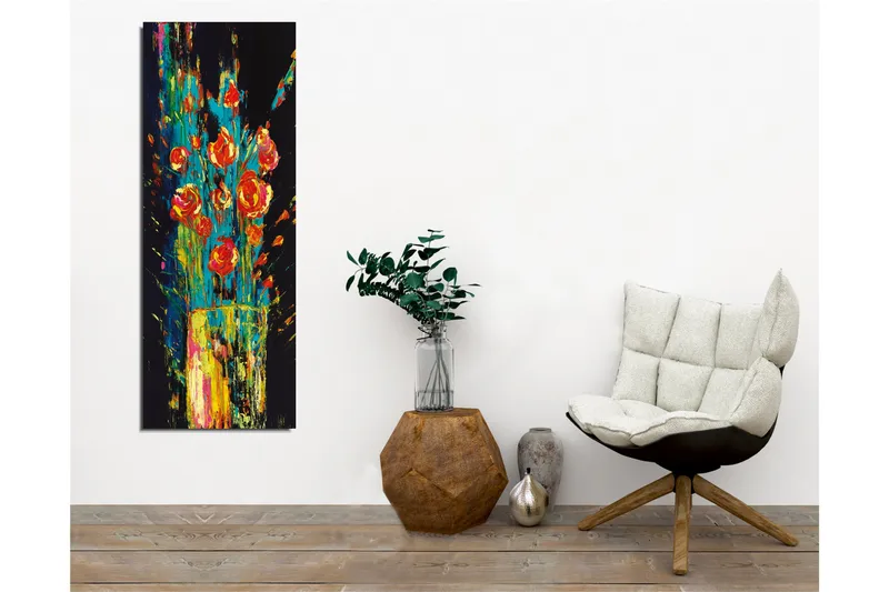 Lerretsbilde - Fargerik bukett med roser i en vase - Rød / Grønn / Gul - Interiør - Maleri & posters - Lerretsbilder