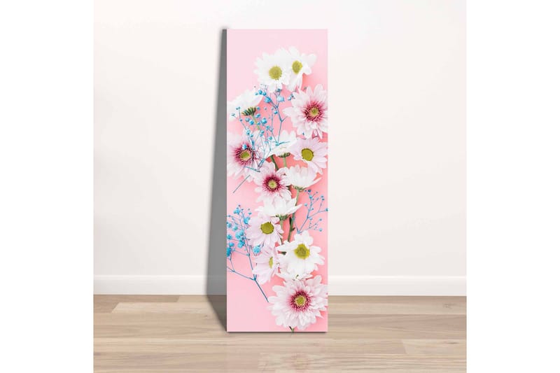 Lerretsbilde - Fargerik bukett med tusenfryd og blomster på rosa bakgrunn - Rosa / Hvit / Blå - Interiør - Maleri & posters - Lerretsbilder