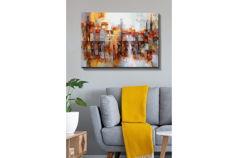 Lerretsbilde - Fargerik bybilde med historiske bygninger og broer - Oransje / Blå / Beige - Interiør - Maleri & posters - Lerretsbilder