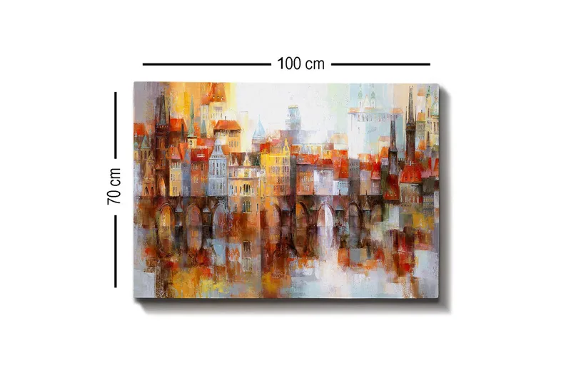 Lerretsbilde - Fargerik bybilde med historiske bygninger og broer - Oransje / Blå / Beige - Interiør - Maleri & posters - Lerretsbilder