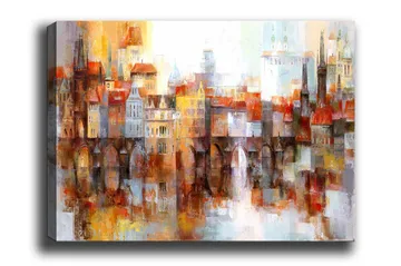 Lerretsbilde - Fargerik bybilde med historiske bygninger og broer - Oransje / Blå / Beige - Interiør - Maleri & posters - Lerretsbilder