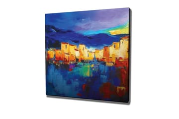 Lerretsbilde - Fargerik bybilde ved vannet med refleksjoner - Blå / Oransje / Gul - Interiør - Maleri & posters - Lerretsbilder