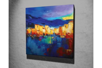 Lerretsbilde - Fargerik bybilde ved vannet med refleksjoner - Blå / Oransje / Gul - Interiør - Maleri & posters - Lerretsbilder