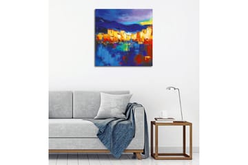 Lerretsbilde - Fargerik bybilde ved vannet med refleksjoner - Blå / Oransje / Gul - Interiør - Maleri & posters - Lerretsbilder
