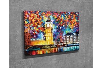 Lerretsbilde - Fargerik bysilhuett med Big Ben og Themsen - Gull / Blå / Rød - Interiør - Maleri & posters - Lerretsbilder