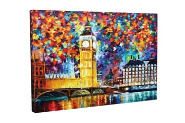 Lerretsbilde - Fargerik bysilhuett med Big Ben og Themsen - Gull / Blå / Rød - Interiør - Maleri & posters - Lerretsbilder