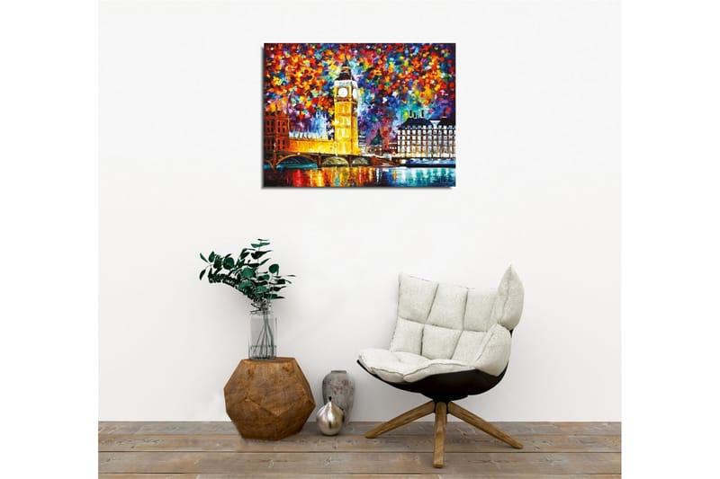 Lerretsbilde - Fargerik bysilhuett med Big Ben og Themsen - Gull / Blå / Rød - Interiør - Maleri & posters - Lerretsbilder