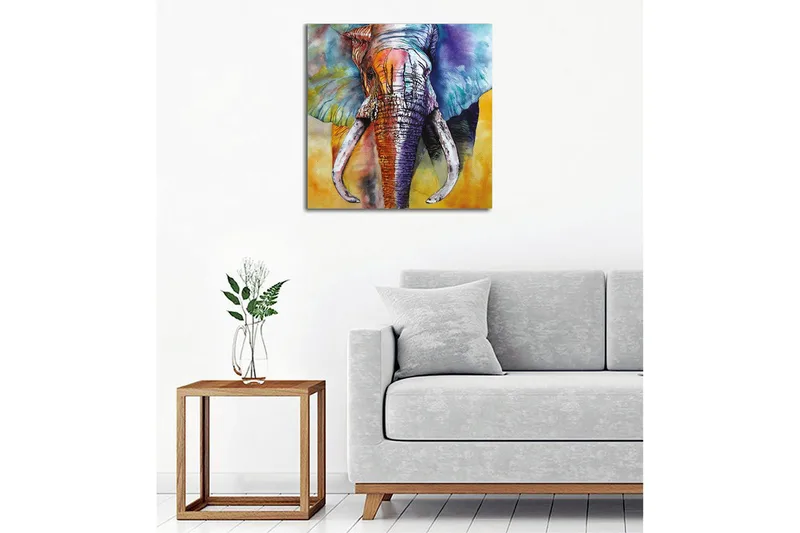 Lerretsbilde - Fargerik elefant med abstrakt bakgrunn - Blå / Oransje / Grønn - Interiør - Maleri & posters - Lerretsbilder
