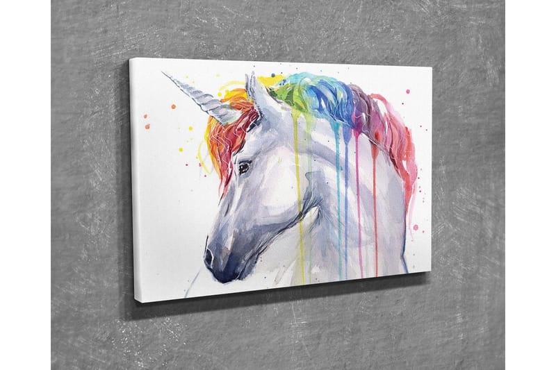 Lerretsbilde - Fargerik enhjørning med regnbuefarget man og dryppende maling - Hvit / Regnbue (rød / Oransje - Interiør - Maleri & posters - Lerretsbilder