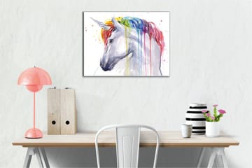 Lerretsbilde - Fargerik enhjørning med regnbuefarget man og dryppende maling - Hvit / Regnbue (rød / Oransje - Interiør - Maleri & posters - Lerretsbilder