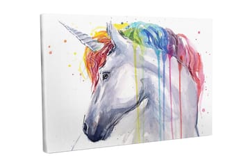 Lerretsbilde - Fargerik enhjørning med regnbuefarget man og dryppende maling - Hvit / Regnbue (rød / Oransje - Interiør - Maleri & posters - Lerretsbilder