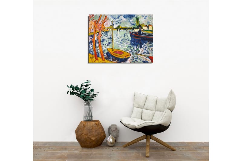 Lerretsbilde - Fargerik havn med seilbåter og trær i forgrunnen - Blå / Oransje / Grønn - Interiør - Maleri & posters - Lerretsbilder