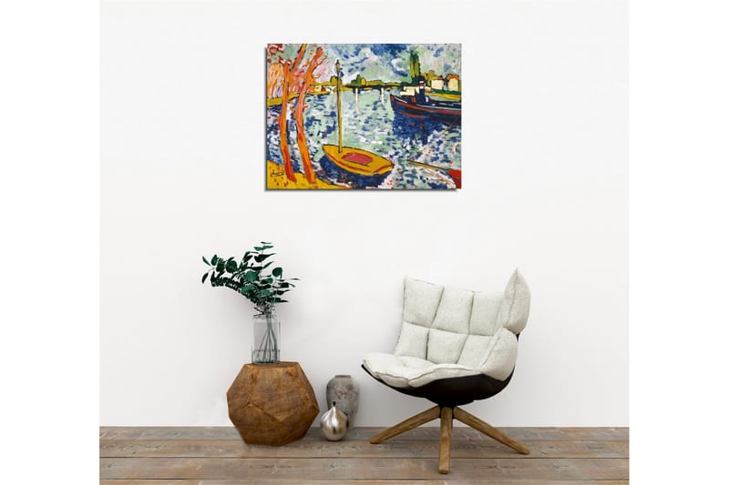 Lerretsbilde - Fargerik havn med seilbåter og trær i forgrunnen - Blå / Oransje / Grønn - Interiør - Maleri & posters - Lerretsbilder