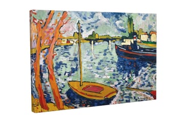 Lerretsbilde - Fargerik havn med seilbåter og trær i forgrunnen - Blå / Oransje / Grønn - Interiør - Maleri & posters - Lerretsbilder