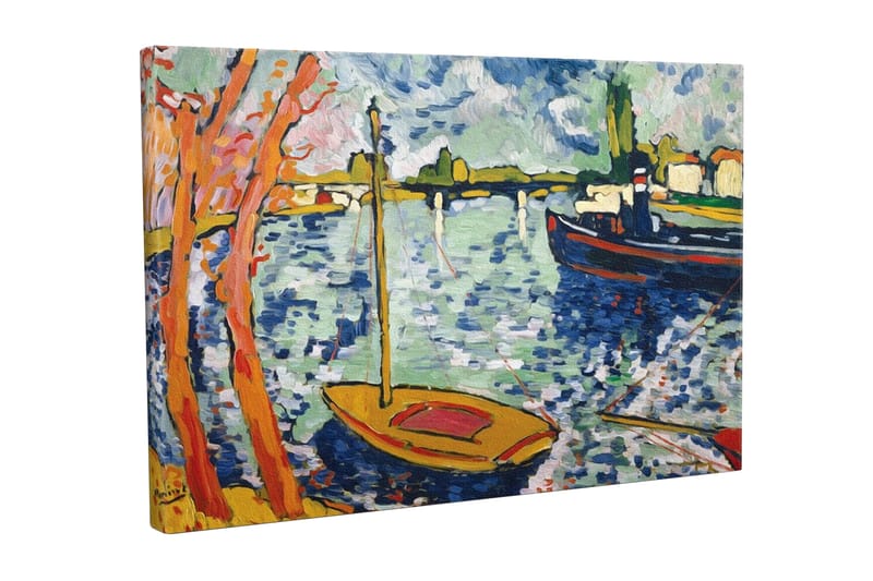 Lerretsbilde - Fargerik havn med seilbåter og trær i forgrunnen, Blå / Oransje / Grønn