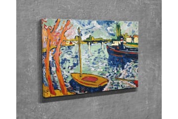 Lerretsbilde - Fargerik havn med seilbåter og trær i forgrunnen - Blå / Oransje / Grønn - Interiør - Maleri & posters - Lerretsbilder