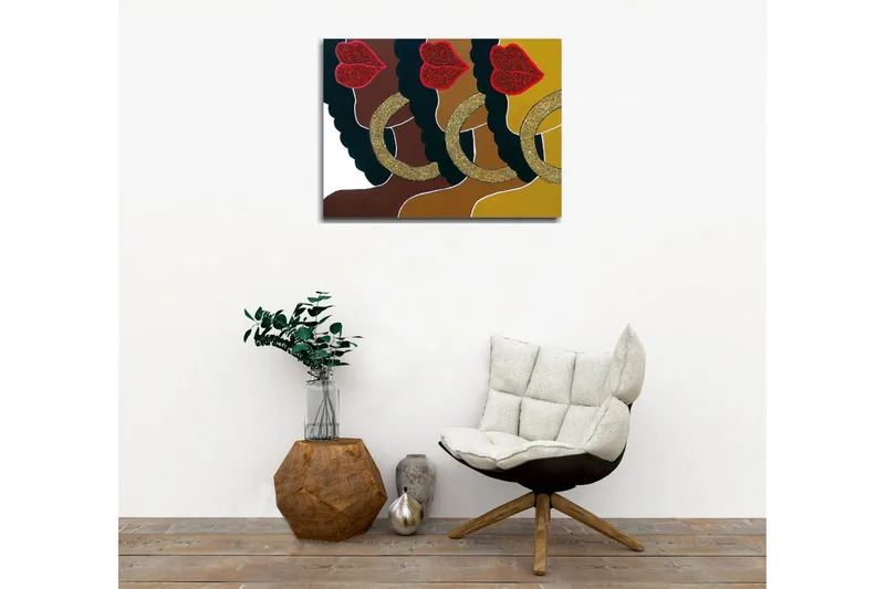 Lerretsbilde - Fargerik komposisjon av ansikter med glitrende lepper og store øredobber - Mørk brun / Gull / Rød - Interiør - Maleri & posters - Lerretsbilder