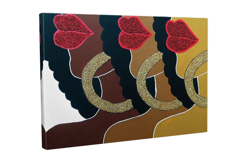 Lerretsbilde - Fargerik komposisjon av ansikter med glitrende lepper og store øredobber, Mørk brun / Gull / Rød