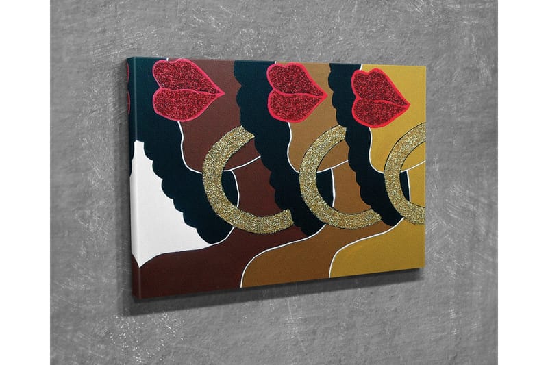 Lerretsbilde - Fargerik komposisjon av ansikter med glitrende lepper og store øredobber - Mørk brun / Gull / Rød - Interiør - Maleri & posters - Lerretsbilder