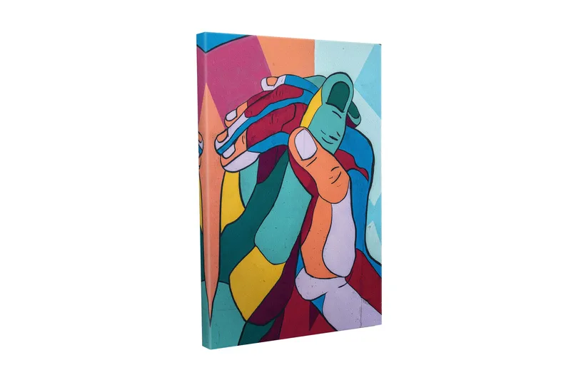 Lerretsbilde - Fargerik komposisjon av sammenflettede hender, Turkis / Rød / Gul