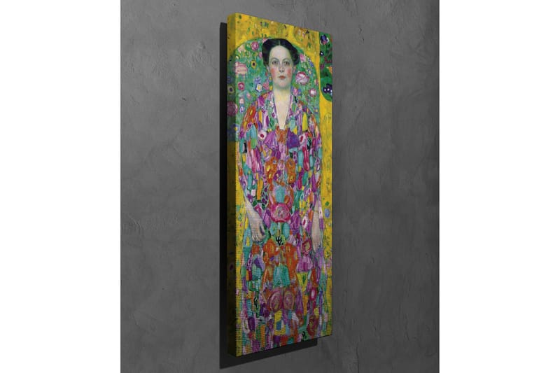 Lerretsbilde - Fargerik kvinne i blomsterkjole omgitt av en grønn bakgrunn - Gul / Grønn / Rosa - Interiør - Maleri & posters - Lerretsbilder