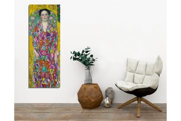 Lerretsbilde - Fargerik kvinne i blomsterkjole omgitt av en grønn bakgrunn - Gul / Grønn / Rosa - Interiør - Maleri & posters - Lerretsbilder