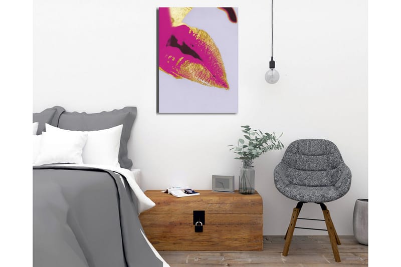 Lerretsbilde - Fargerik leppetrykk med gulldetaljer - Rosa / Gull - Interiør - Maleri & posters - Lerretsbilder