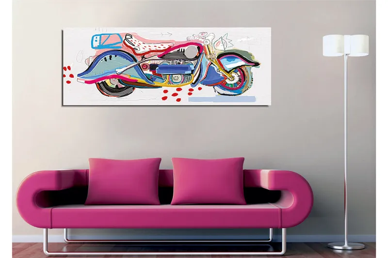Lerretsbilde - Fargerik motorsykkel i en leken stil - Blå / Rosa / Rød - Interiør - Maleri & posters - Lerretsbilder