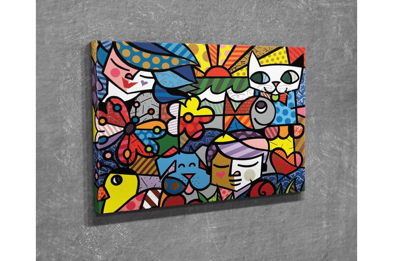 Lerretsbilde - Fargerik samling av dyr og mennesker i en leken komposisjon - Rød / Blå / Gul - Interiør - Maleri & posters - Lerretsbilder