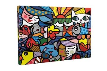 Lerretsbilde - Fargerik samling av dyr og mennesker i en leken komposisjon - Rød / Blå / Gul - Interiør - Maleri & posters - Lerretsbilder