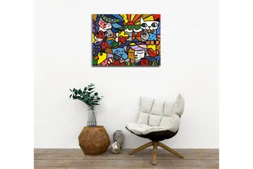 Lerretsbilde - Fargerik samling av dyr og mennesker i en leken komposisjon - Rød / Blå / Gul - Interiør - Maleri & posters - Lerretsbilder