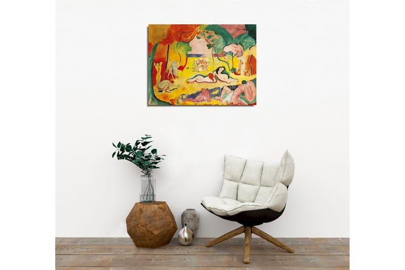 Lerretsbilde - Fargerik skildring av nakne figurer i et naturscene - Gul / Rød / Grønn - Interiør - Maleri & posters - Lerretsbilder