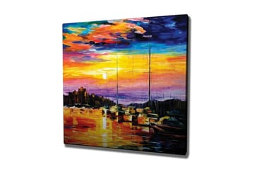Lerretsbilde - Fargerik solnedgang over en havn med seilbåter - Oransje / Lilla / Blå - Interiør - Maleri & posters - Lerretsbilder