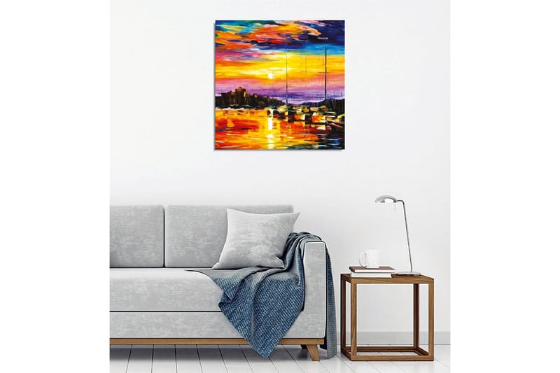 Lerretsbilde - Fargerik solnedgang over en havn med seilbåter - Oransje / Lilla / Blå - Interiør - Maleri & posters - Lerretsbilder