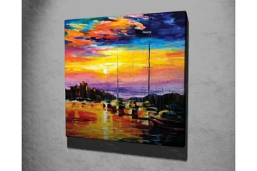 Lerretsbilde - Fargerik solnedgang over en havn med seilbåter - Oransje / Lilla / Blå - Interiør - Maleri & posters - Lerretsbilder