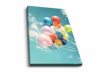 Lerretsbilde - Fargerike ballonger som svever mot en klar himmel - Blå / Rosa / Gul - Interiør - Maleri & posters - Lerretsbilder