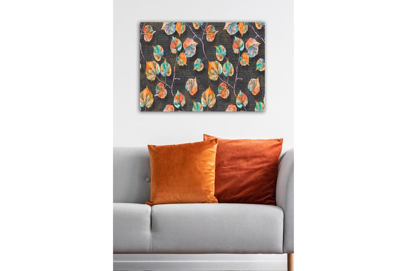 Lerretsbilde - Fargerike blader mot en mørk bakgrunn - Grønn / Oransje / Blå - Interiør - Maleri & posters - Lerretsbilder