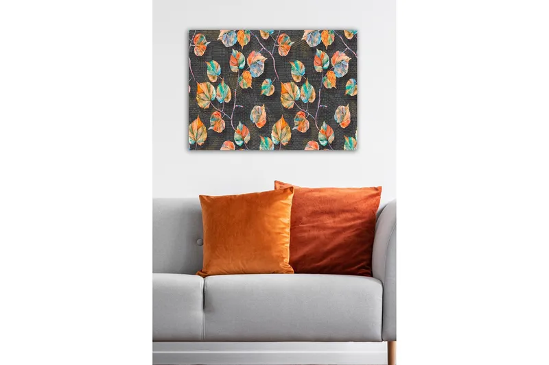 Lerretsbilde - Fargerike blader mot en mørk bakgrunn - Grønn / Oransje / Blå - Interiør - Maleri & posters - Lerretsbilder