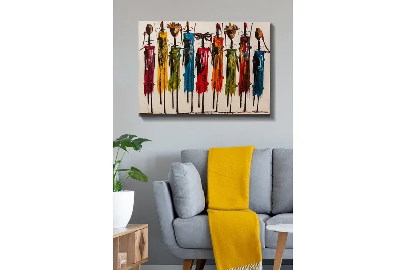 Lerretsbilde - Fargerike figurer med tradisjonelle klær og gjenstander - Rød / Grønn / Gul - Interiør - Maleri & posters - Lerretsbilder