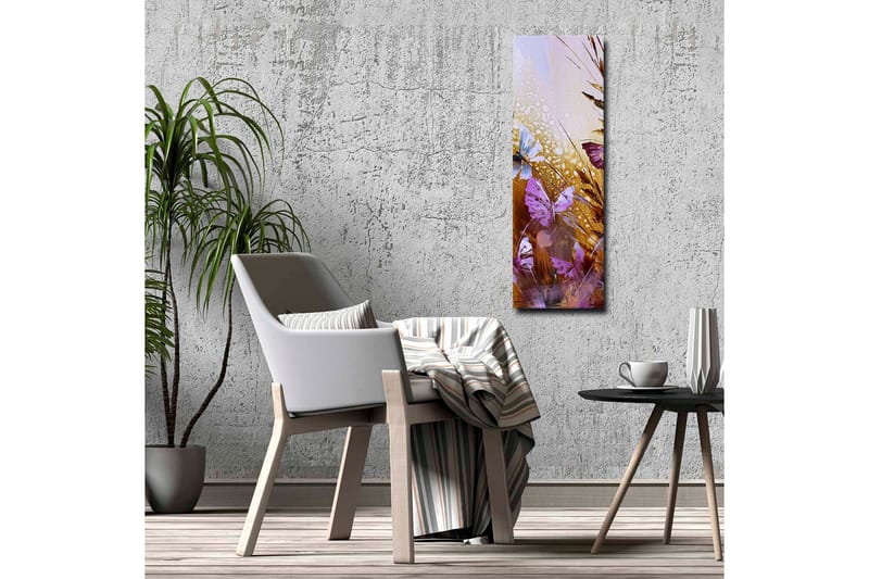 Lerretsbilde - Fargerike sommerfugler i et abstrakt naturmiljø - Lilla / Gull / Blå - Interiør - Maleri & posters - Lerretsbilder
