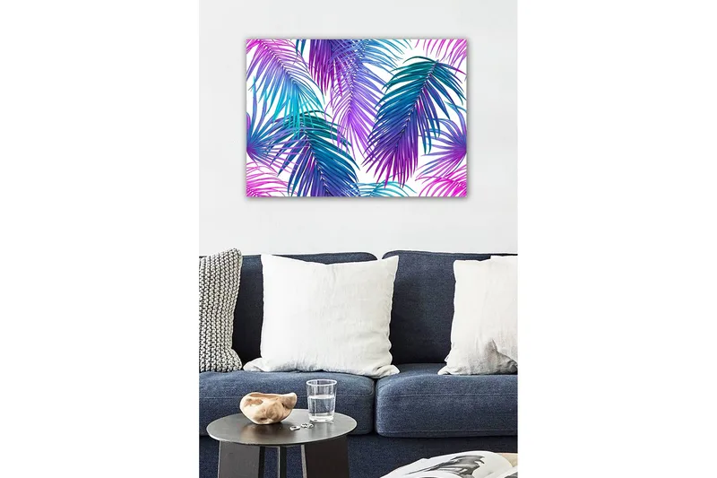 Lerretsbilde - Fargerike palmeblader i en levende komposisjon - Lilla / Turkis / Blå - Interiør - Maleri & posters - Lerretsbilder