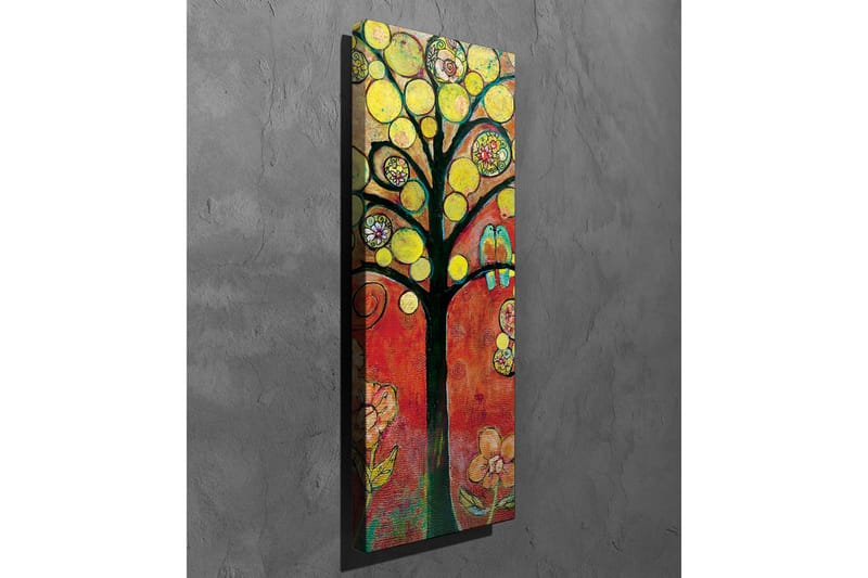 Lerretsbilde - Fargerikt trebilde med fugler og blomster - Gul / Rød / Grønn - Interiør - Maleri & posters - Lerretsbilder