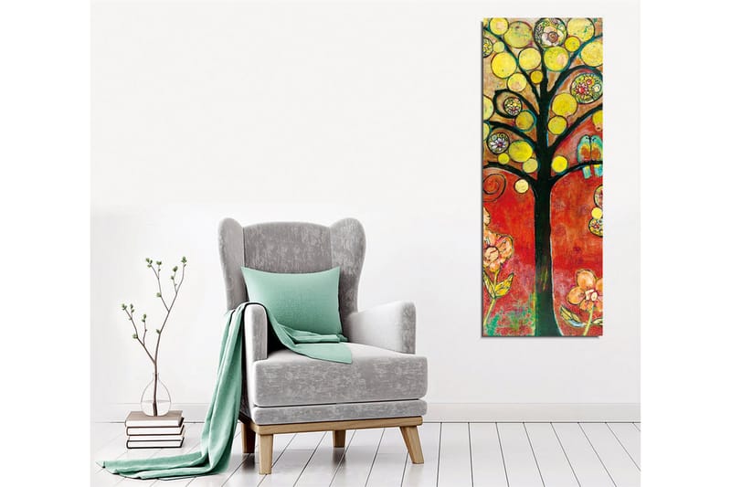 Lerretsbilde - Fargerikt trebilde med fugler og blomster - Gul / Rød / Grønn - Interiør - Maleri & posters - Lerretsbilder
