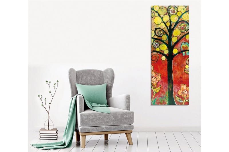 Lerretsbilde - Fargerikt trebilde med fugler og blomster - Gul / Rød / Grønn - Interiør - Maleri & posters - Lerretsbilder